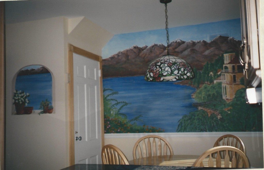 Mural of Italian lakeside scene with additional view from faux window.