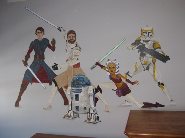 Clone Wars characters painted on opposite wall.