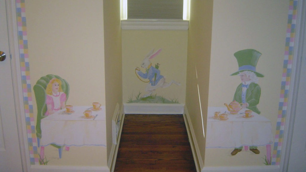Alice-in-Wonderland themed mural painted in Nursery.