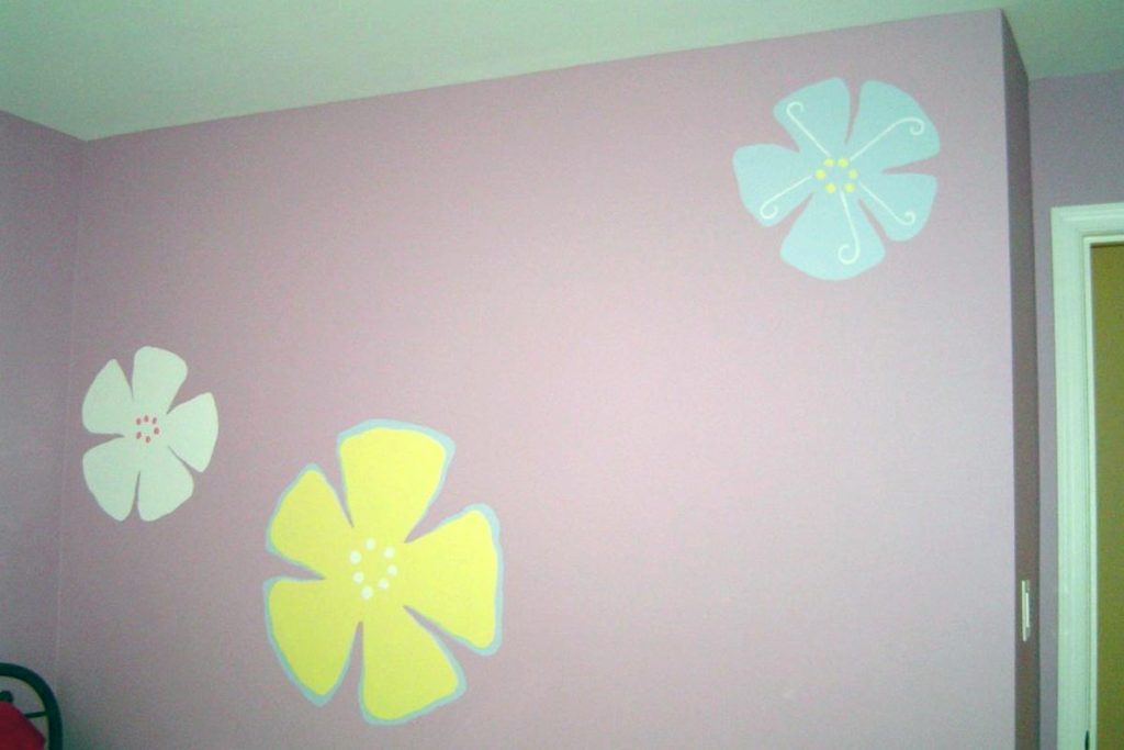 Large contemporary floral motif painted in bedroom.
