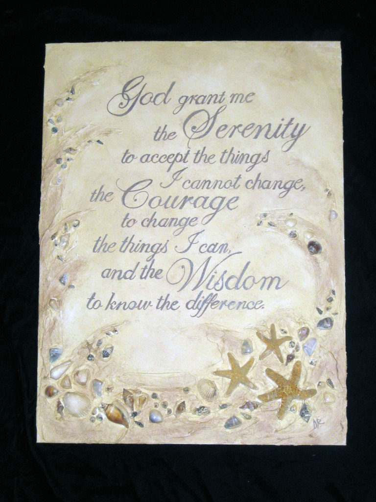 Texture medium used to create dimensional artwork with embedded shells and starfish, hand-painted quote, and sepia glaze finish.