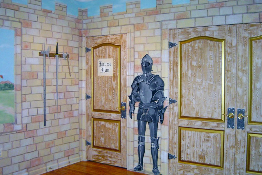 Medieval castle themed mural painted in boy’s Bedroom.