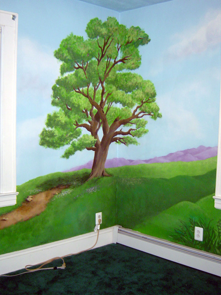 Landscape mural painted throughout Bedroom.