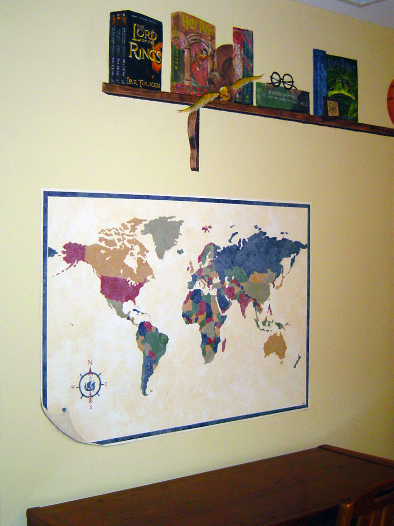 World map and painted shelf detail from Bedroom mural.
