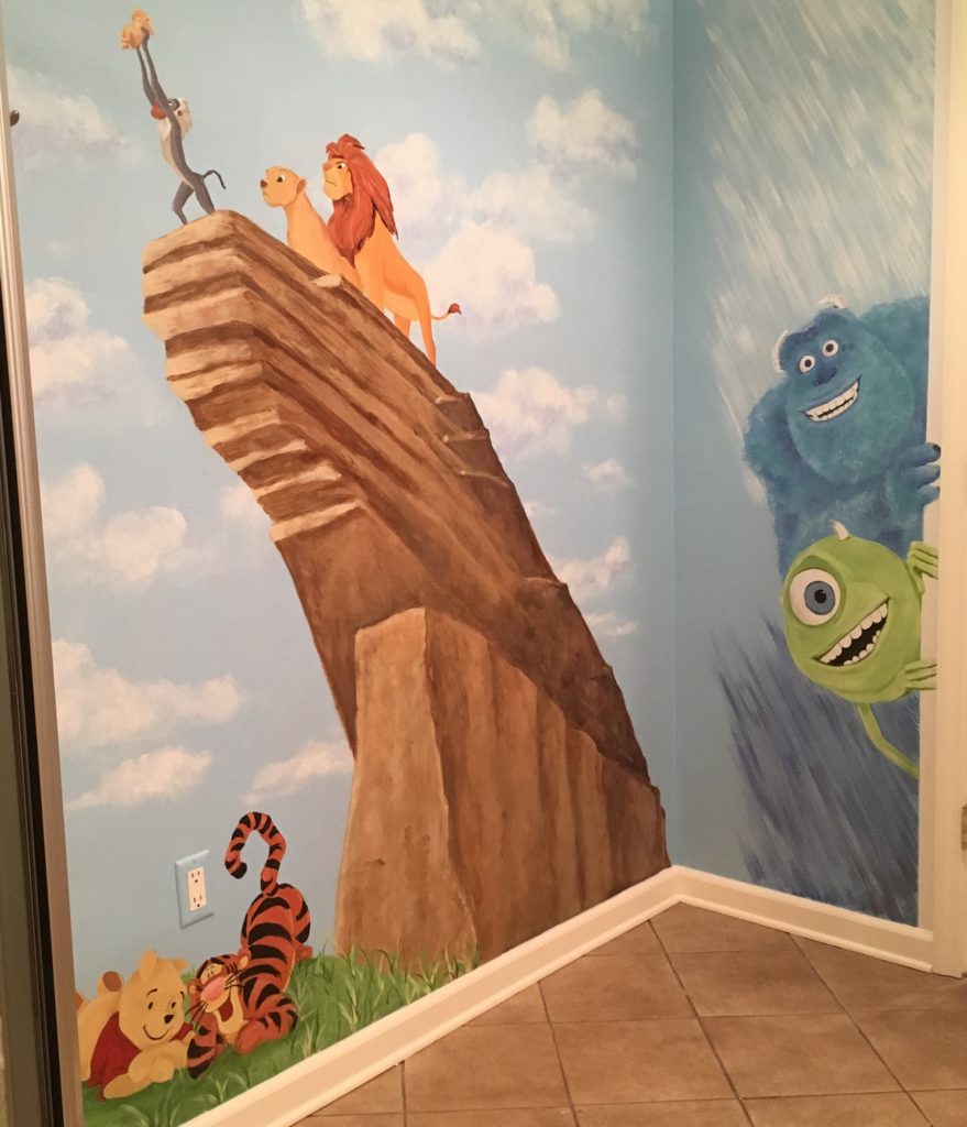 Bathroom mural with movie characters