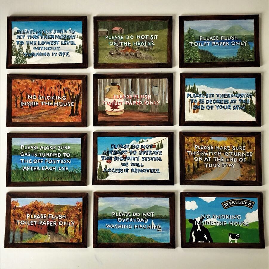 Set of small paintings of Vermont themes with instructions for Airbnb guests. Acrylic on 4 x 6 x 1/8 basswood.