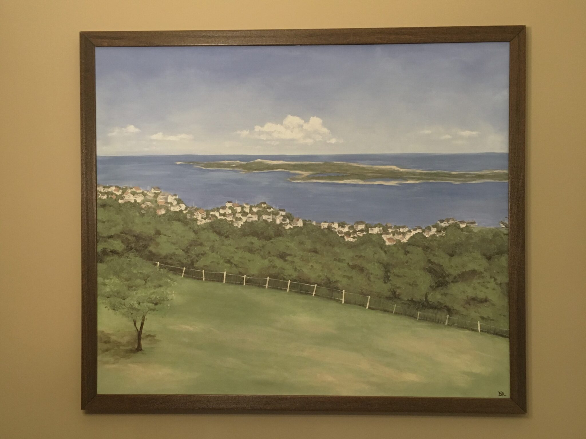 Framed painting of landscape and ocean view, 34 x 40 latex and acrylic on canvas.