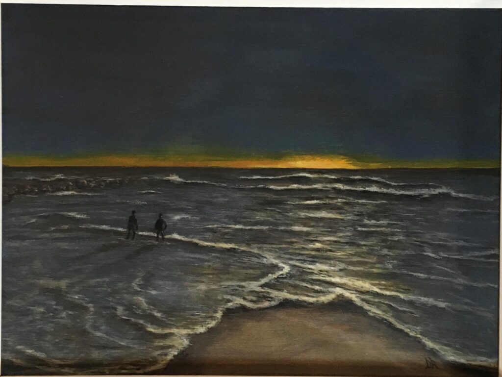 "The Sun Always Rises" Sunrise swim painting, acrylic on 18 x 24 canvas.