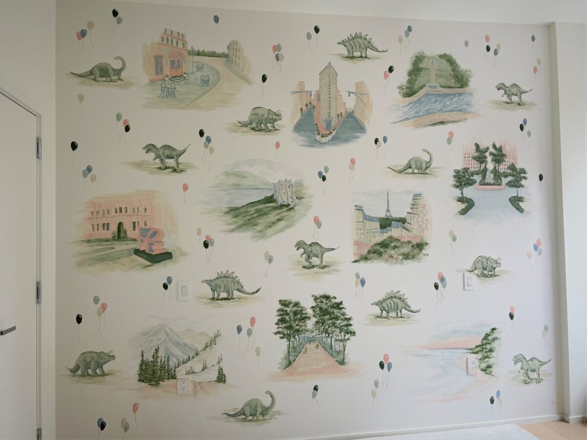 Toile nursery mural featuring location vignettes, dinosaurs and balloons.