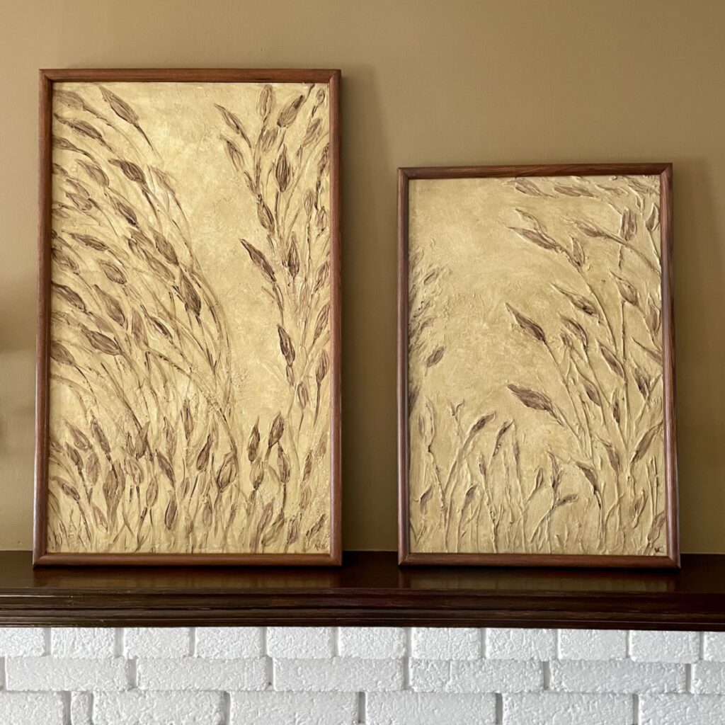 "Tall Grasses" Two panel composition in textured plaster, acrylic paint and glazes on board. 18" x 32" and 17" x 25"