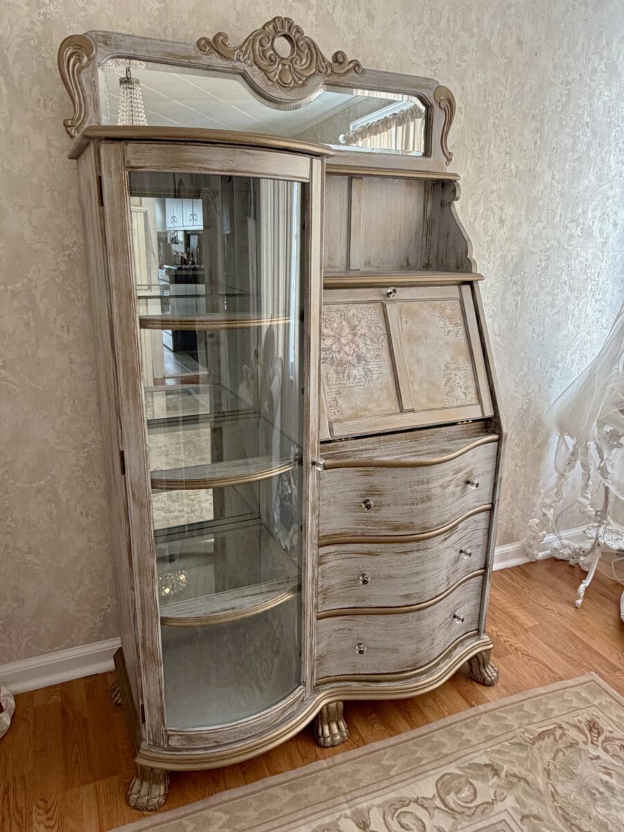 Secretary/showcase painted with deep gold drybrush and solid gold accents.