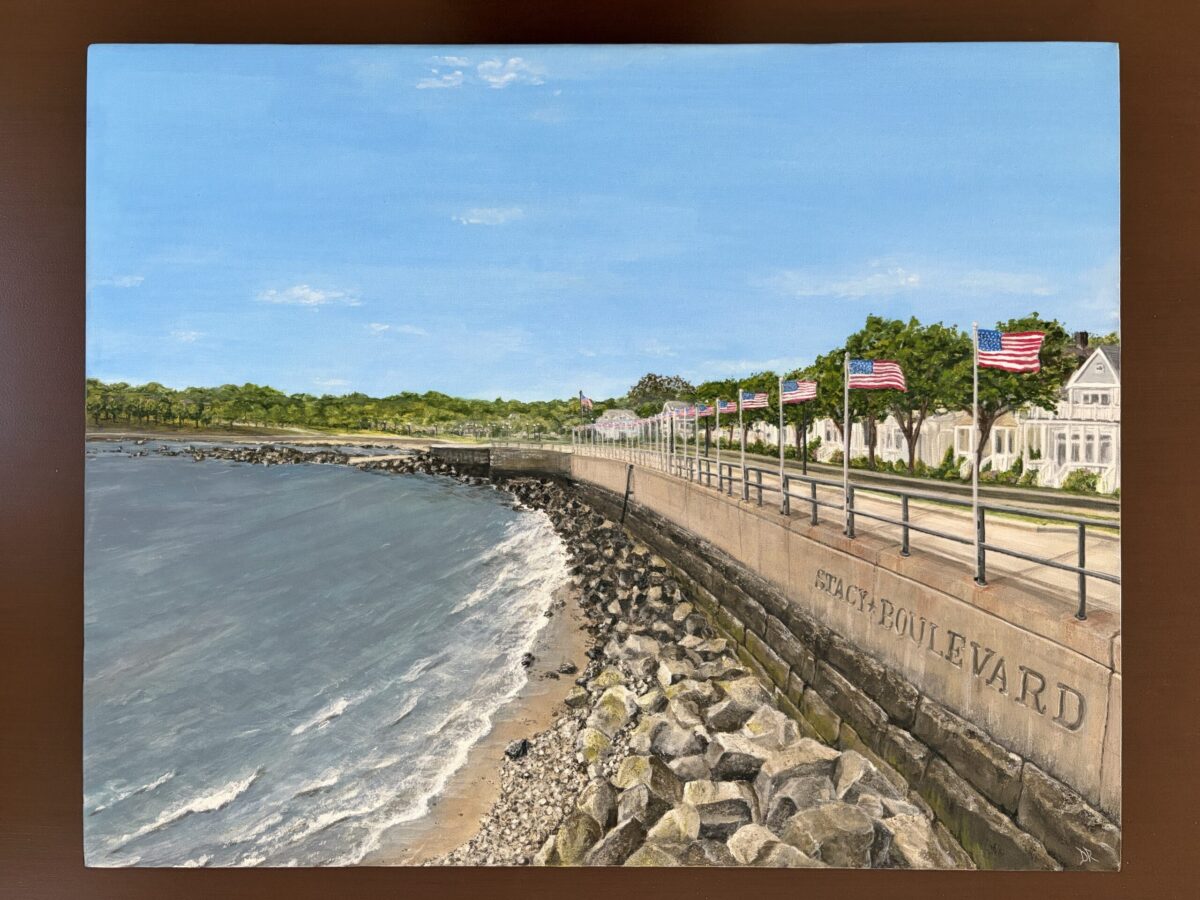 STACY BOULEVARD. 24" x 30" acrylic on canvas, depicting a harbor view in Gloucester Mass.