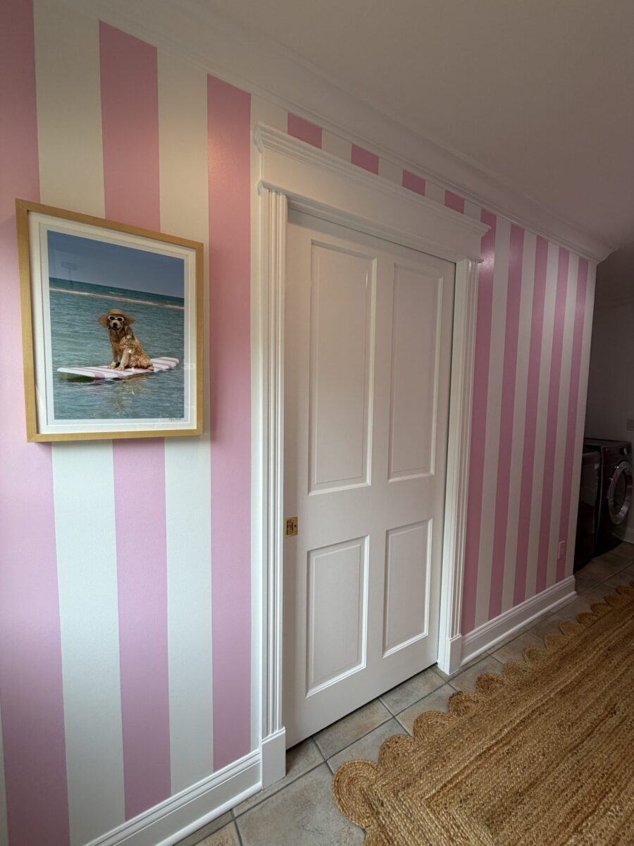 5" pink awning stripe painted in hallway